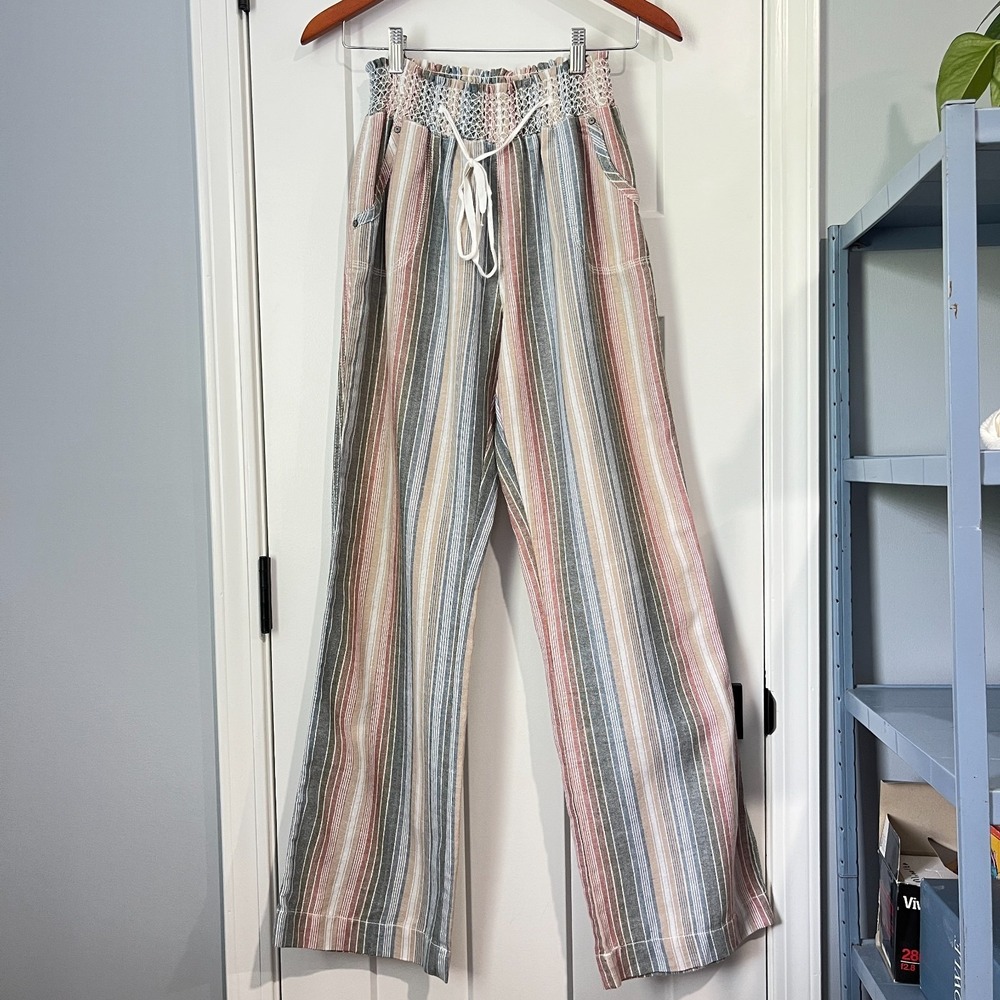 Linen Blend Striped Euro Summer Lagenlook Pocketed Pants Size L Multicolor Boho